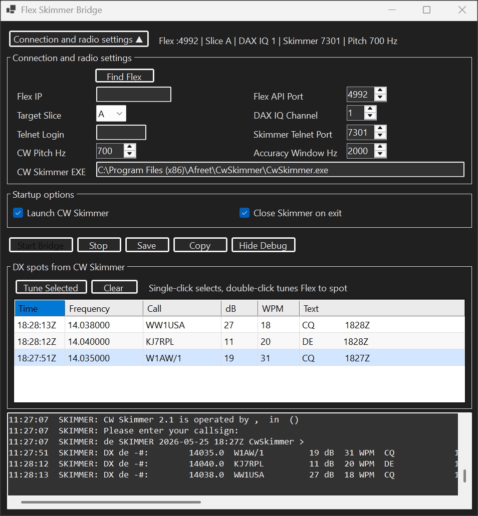 Flex Skimmer Bridge application window showing connection settings, startup options, DX spots, and debug log